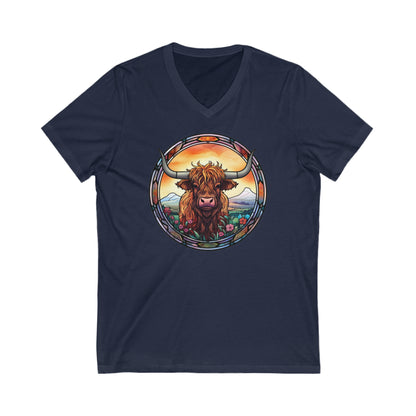 Stained Glass Cow - Unisex Jersey Short Sleeve V-Neck Tee