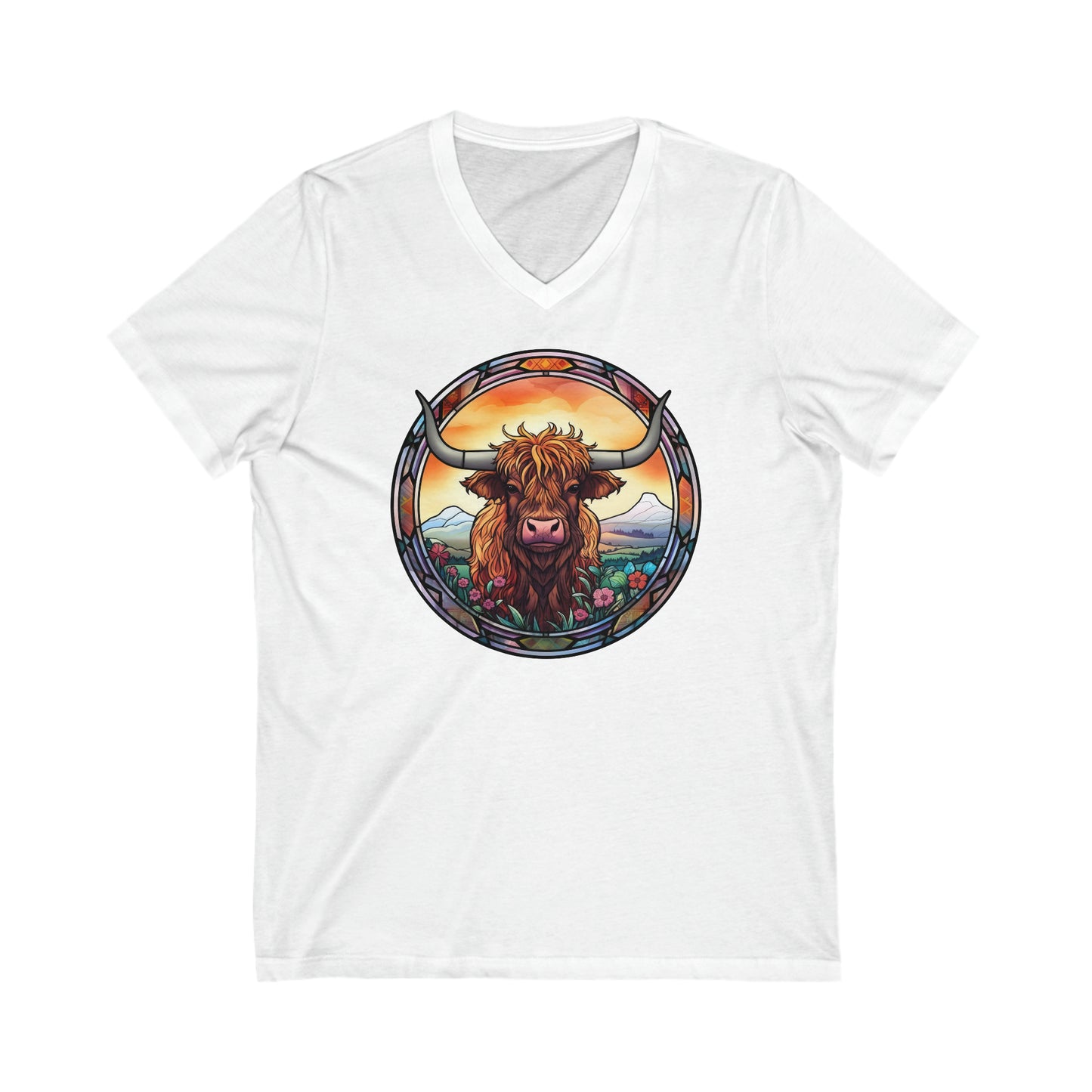 Stained Glass Cow - Unisex Jersey Short Sleeve V-Neck Tee