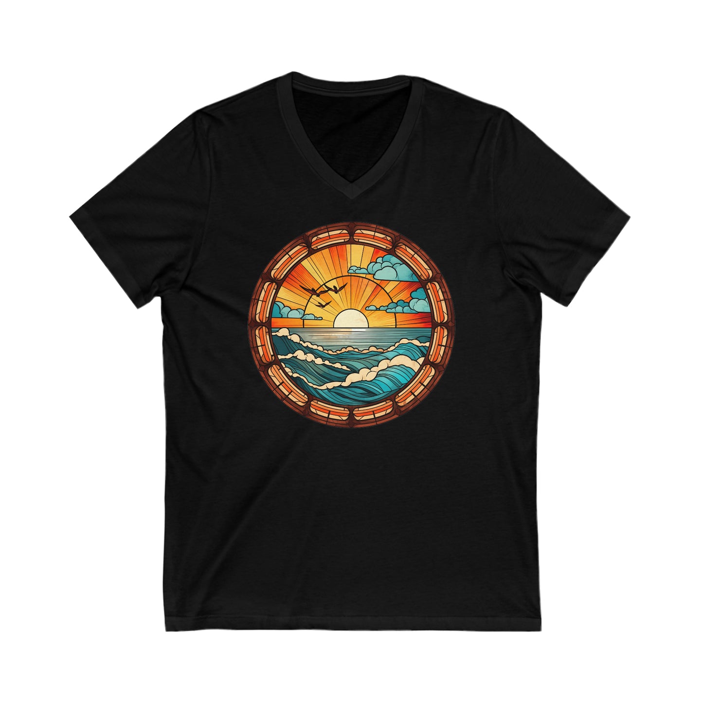 Stained Glass Sunrise Ocean - Unisex Jersey Short Sleeve V-Neck Tee